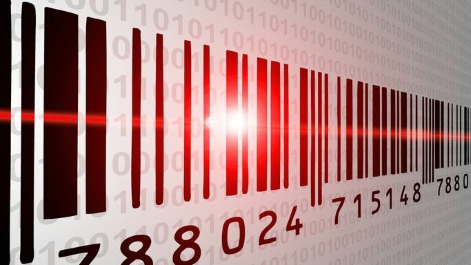 Barcode with red light ray and binary code in background