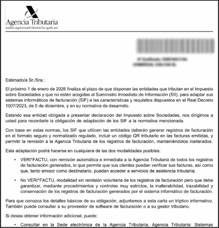AEAT VeriFactu notificación
