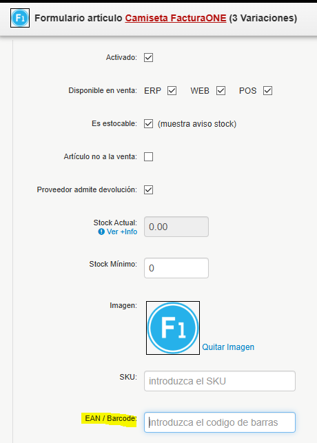 código de barras artículo facturaone
