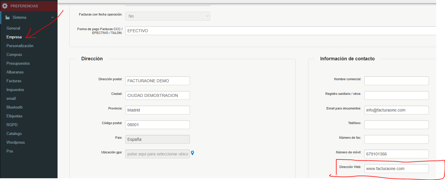 colocar web en mis documentos facturaone