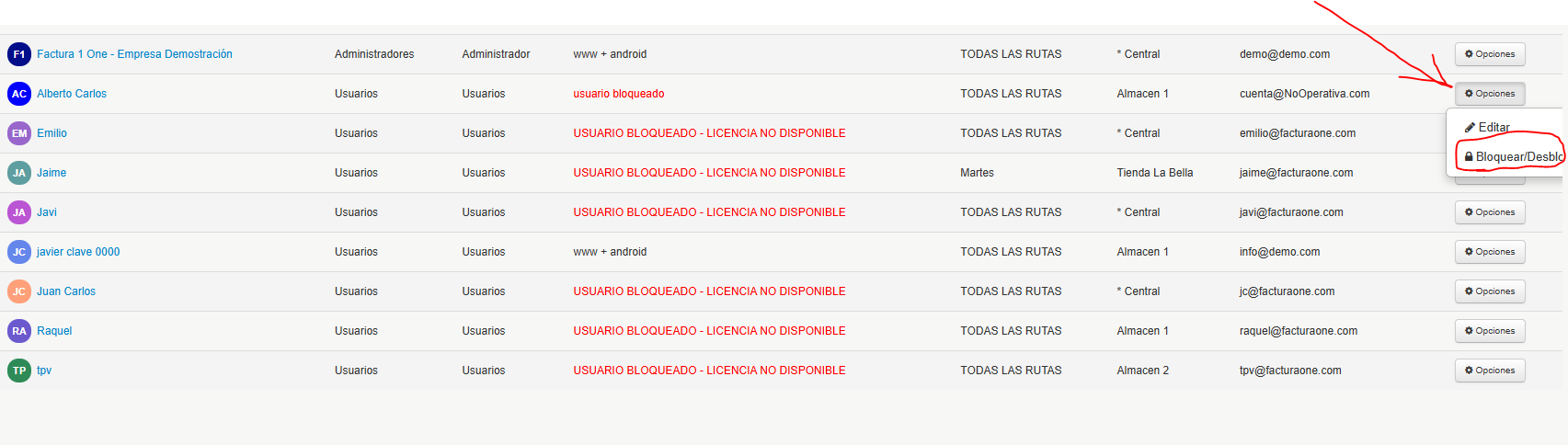 bloquear o desbloquear a usuario en facturaone