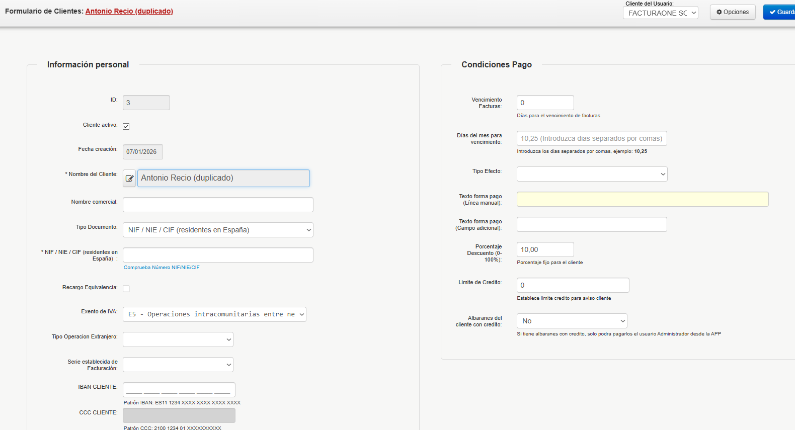 cliente duplicado facturaone
