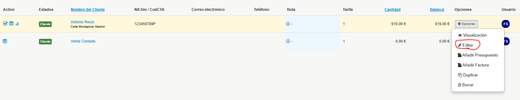 editar cliente desde la lista de clientes facturaone