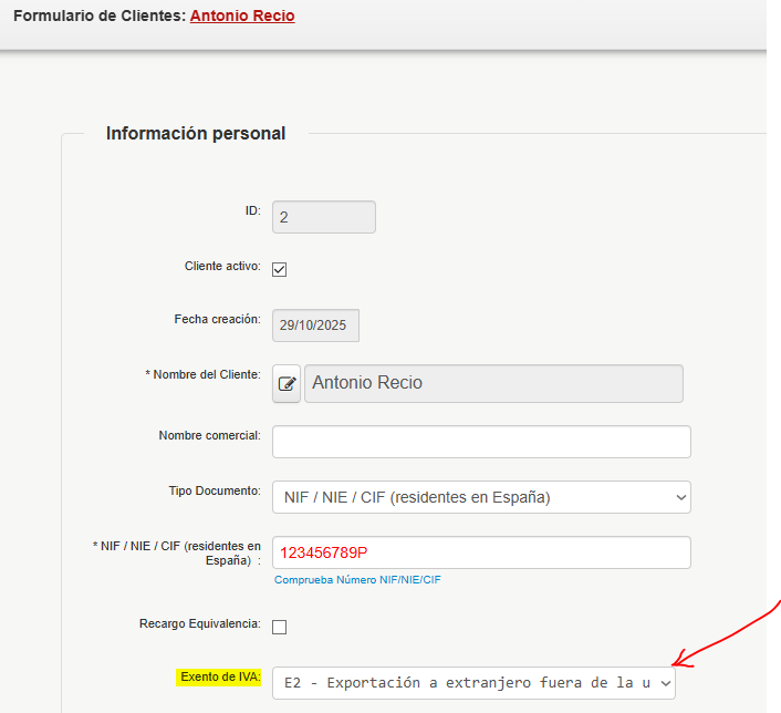 exento de IVA cliente