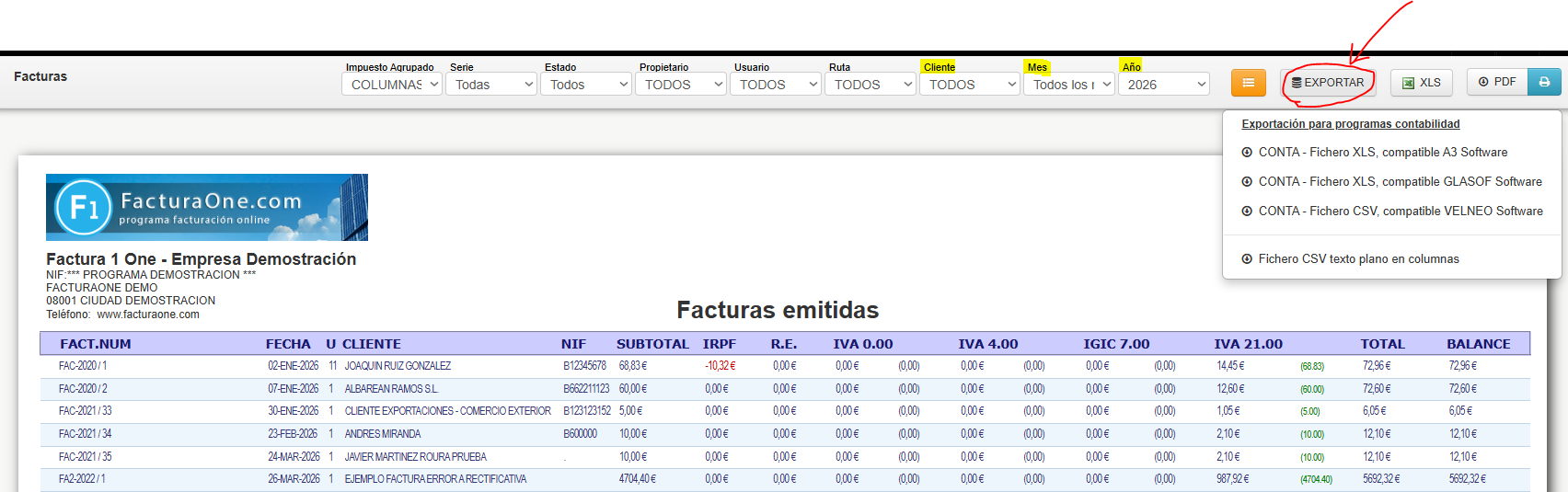 exportar facturas emitidas en FacturaONE