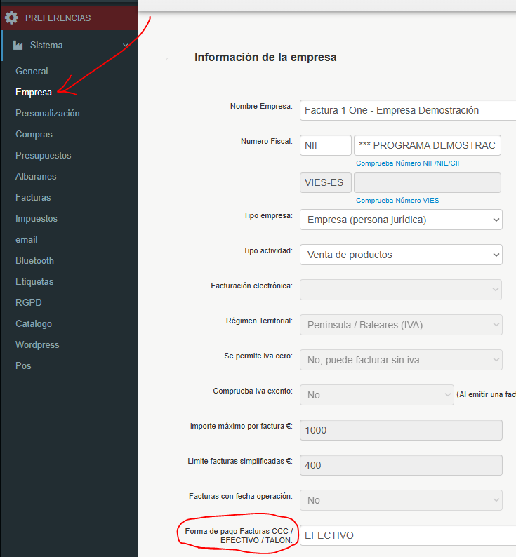 forma de pago empresa facturaone