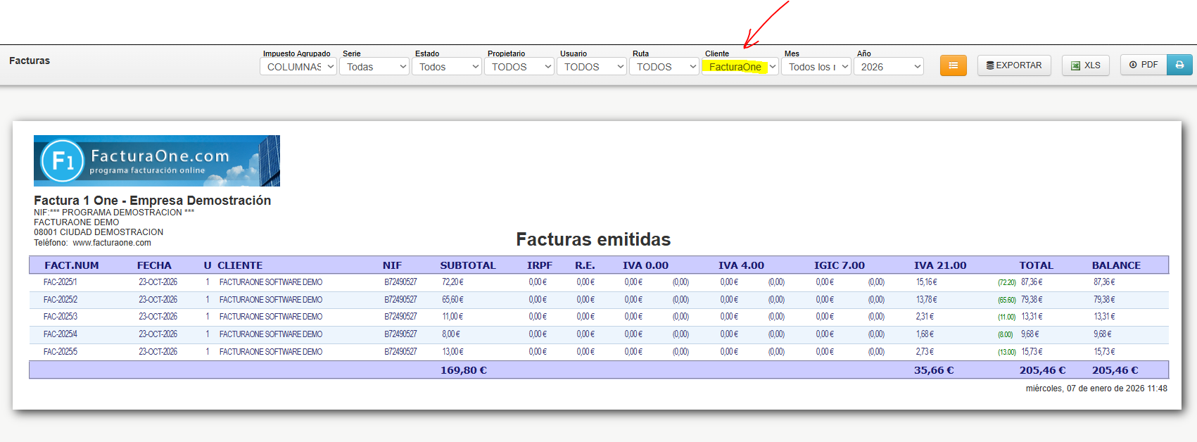 filtrar por cliente las facturas emitidas en facturaone
