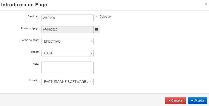 introducir un pago en facturaone