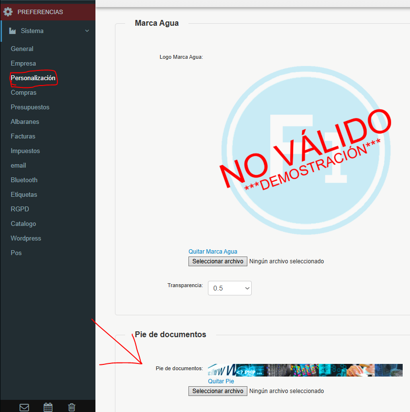 añadir imagen pie de documentos facturaone