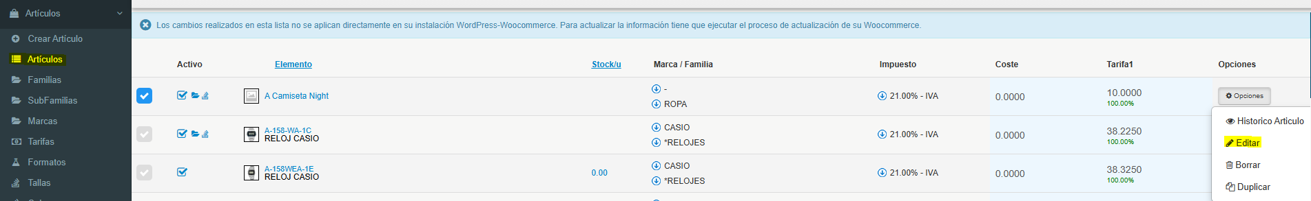 articulos woocommerce facturaone