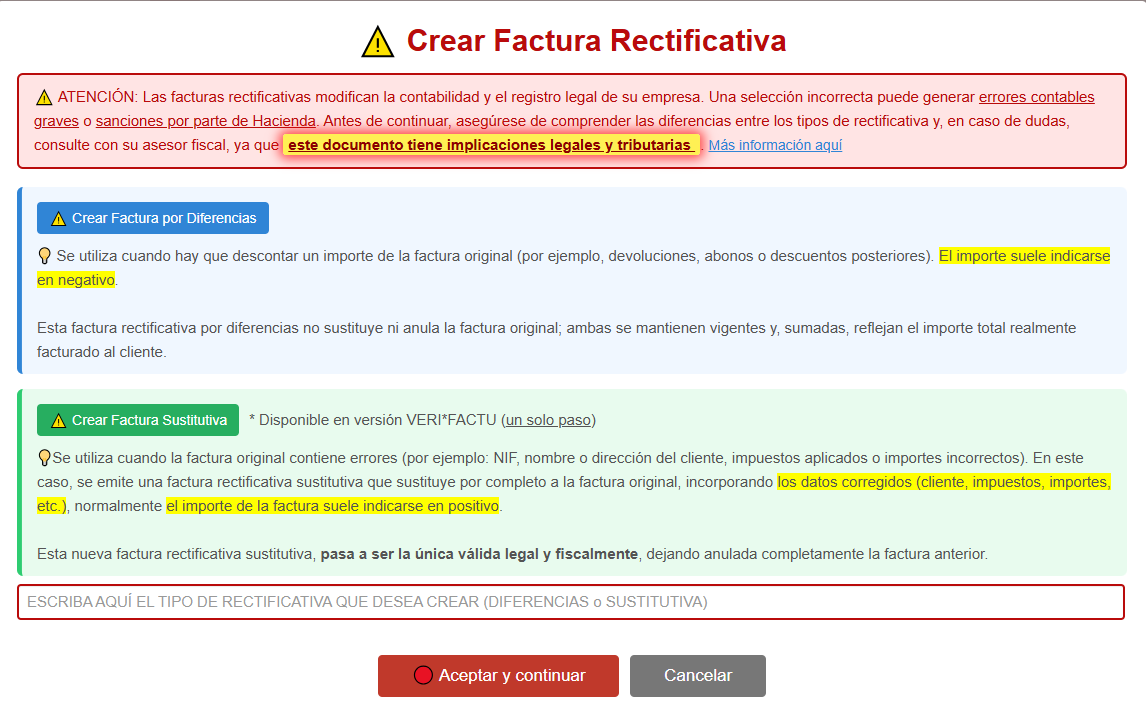 Aviso a la hora de crear una factura rectificativa