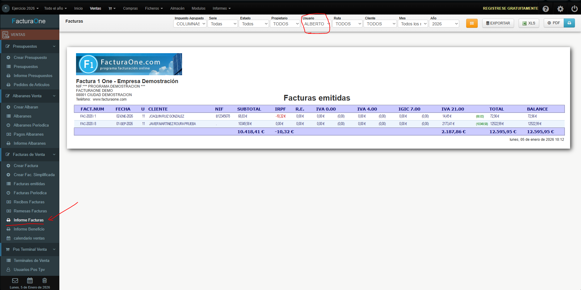 registro de creación de facturas por usuario