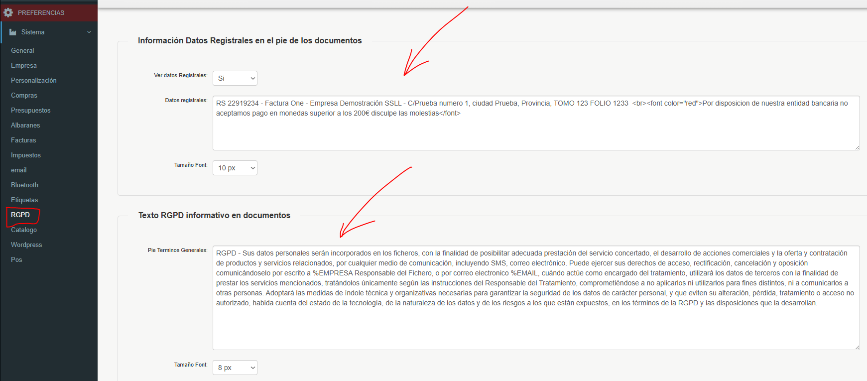 añadir texto pie de factura facturaone