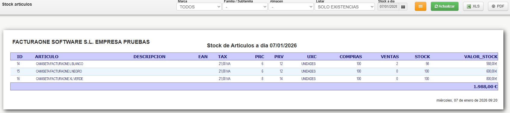 ver stock de artículos facturaone