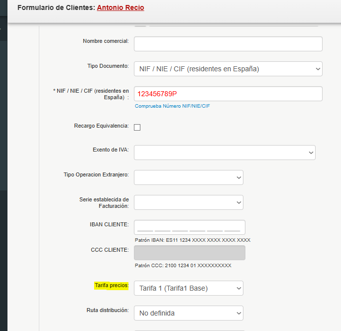 tarifa a cliente facturaone