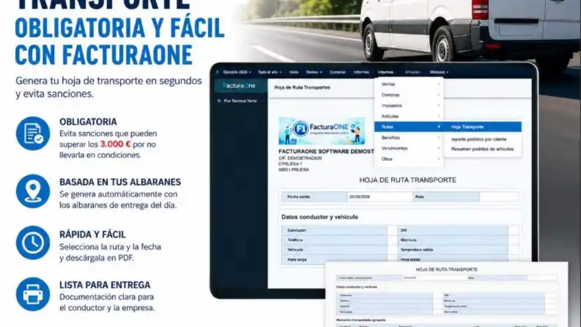 Hoja de ruta de transporte generada automáticamente con FacturaONE