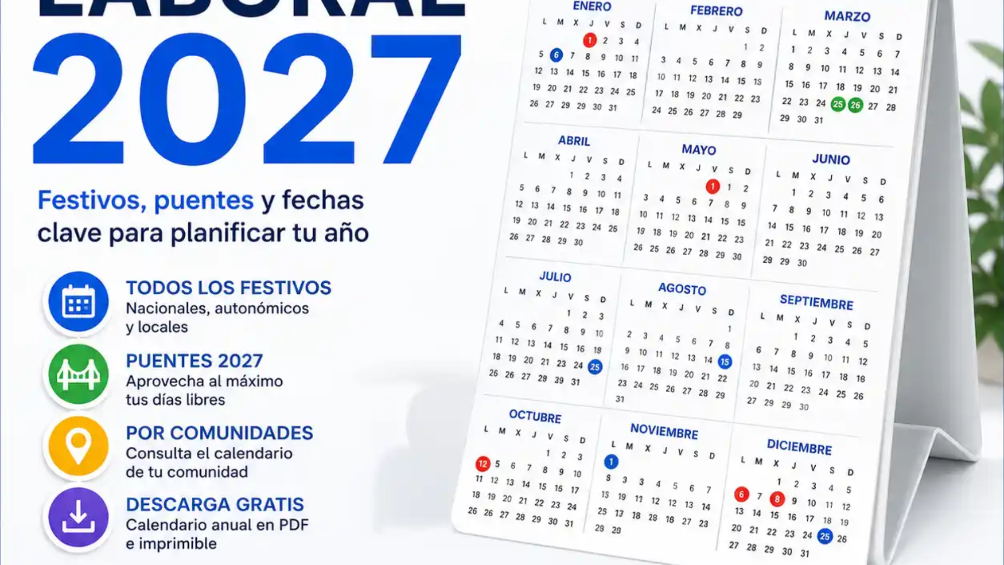 Calendario laboral 2027 en España con festivos y puentes