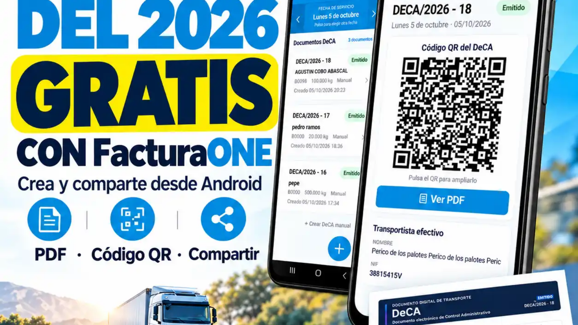 DeCA gratis en 2026 para empresas de transporte con la aplicación Android de FacturaONE